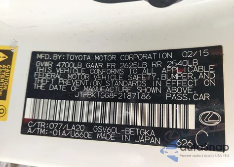 2015 Lexus Es 350 из США, поврежденный, VIN JTHBK1GG8F2187186